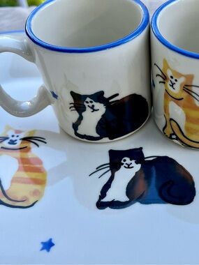 Hartstone Carlisle Kitty Kitty Cat Tray Mugs Set Orange Grey Tabby Stoneware Vtg